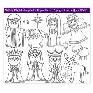Cyfrowe znaczki Narodzenia Pańskiego, Znaczki Narodzenia Pańskiego, Trzej Królowie, Maryja i Józef, Dzieciątko Jezus, Clipart Bożonarodzeniowy, Znaczki Bożonarodzeniowe, Komercyjne (S30)