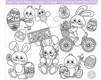 Könnte beinhalten: Schwarz-weiße digitale Stempel mit Illustrationen zum Thema Ostern. Die Illustrationen zeigen ein Kaninchen, das Fahrrad fährt, ein Kaninchen, das einen Pinsel hält, ein Küken, das einen Pinsel hält, eine Biene, ein Küken, das einen Wagen mit einem Ei schiebt, und einen Korb mit Eiern. Der Text "Frohe Ostern" steht auf einem Schild.