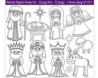 Sellos digitales de la Natividad, sellos de la Natividad de Navidad, 3 reyes, María y José, el Niño Jesús, imágenes prediseñadas de Navidad, sellos de Navidad, comerciales (S30)