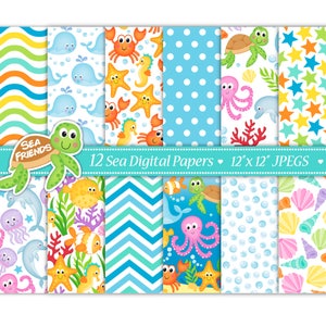 Conjunto de papel digital de animais marinhos, conjunto de papel digital subaquático, papéis digitais oceânicos, fundos subaquáticos, papel para scrapbook, comercial (P24)