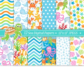 Sea Animals Digital Paper Set,Under The Sea Digital Paper Set,Ocean Digital Papers,Under The Sea Backgrounds,Scrapbook Paper,Commercial(P24)