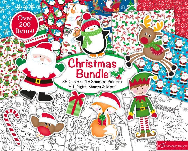 Christmas clipart Bundle, Christmas digital stamps, Christmas digital paper, Christmas Patterns, Scrapbooking,Commercial Use B3 image 1