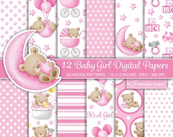Baby Digital Paper, Baby Girl Digital Paper, Baby Scrapbook Papers, New Baby, Cute Bear Design, Baby Seamless Patterns, Commercial Use (P61)