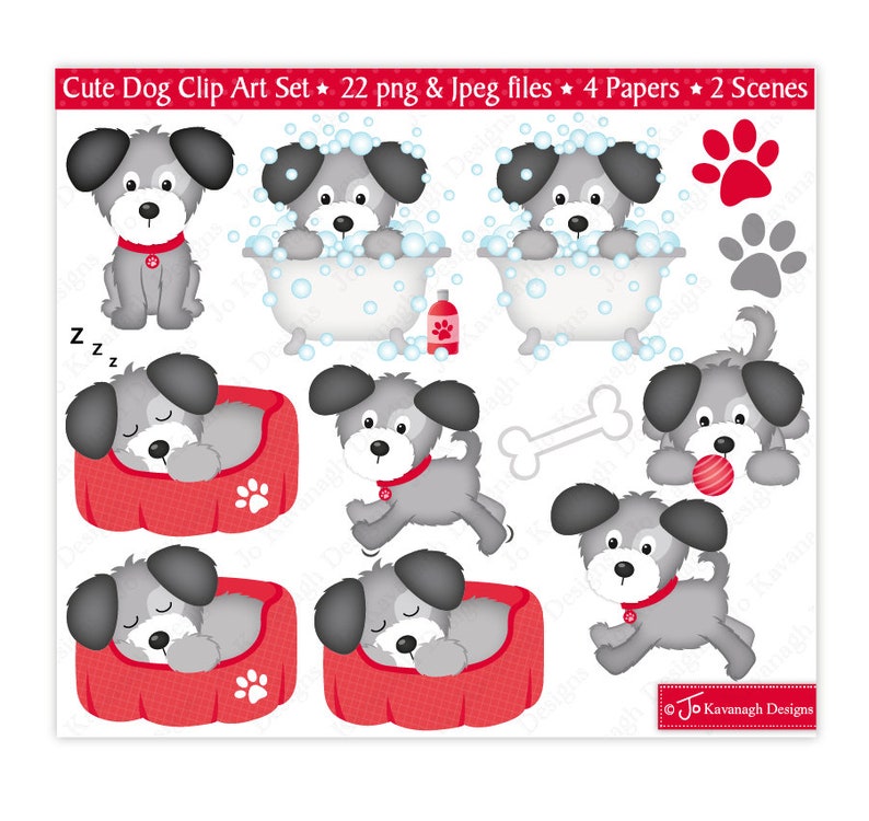 May include: A set of 22 digital clip art images featuring a cute gray dog in various poses, including sleeping, playing, and bathing. The dog is wearing a red collar and has a playful expression. The images are perfect for creating invitations, cards, and other craft projects.
