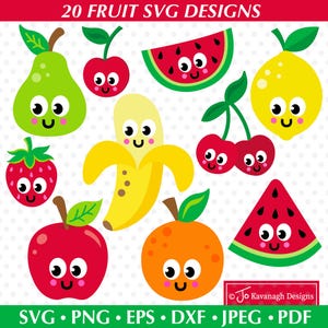 Paquete SVG de frutas, imágenes prediseñadas de frutas lindas, SVG de frutas de verano, SVG de manzana, SVG de plátano, SVG de melón, SVG de fresa, SVG de cereza, archivos de corte Cricut