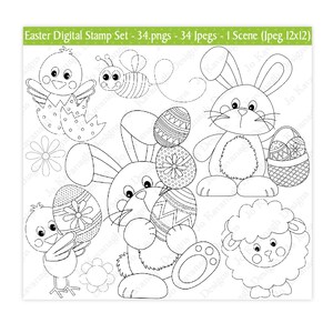 以下が含まれることがあります： 黒と白のデジタルスタンプセットで、イースターをテーマにしたイラストが描かれています。セットには、イースターエッグを持ったウサギ、イースターエッグを持ったヒヨコ、ミツバチ、花、イースターエッグの入ったバスケット、子羊が含まれています。