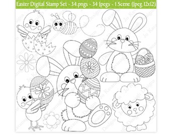 Könnte beinhalten: Schwarz-weißes digitales Stempelset mit Ostern-Motiven. Das Set enthält einen Hasen, der ein Osterei hält, ein Küken, das ein Osterei hält, eine Biene, eine Blume, einen Korb mit Ostereiern und ein Lamm.
