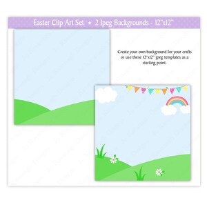 May include: Two 12x12 inch digital backgrounds for crafting. One background features a blue sky with white clouds and a rainbow. The other background features a green grassy hill with a blue sky.