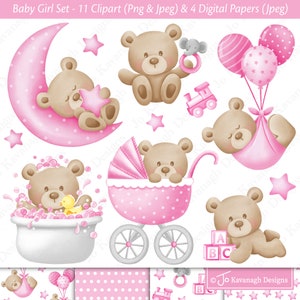 Paquete de imágenes prediseñadas de niña, imágenes prediseñadas de bebé, imprimibles para baby shower, imágenes prediseñadas de bebé, niña recién nacida, ilustraciones de ositos de peluche