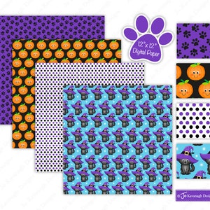 May include: A set of six 12x12 inch digital papers featuring Halloween themed patterns. The patterns include black cats wearing witch hats, pumpkins with happy faces, purple paw prints, and black and white polka dots.