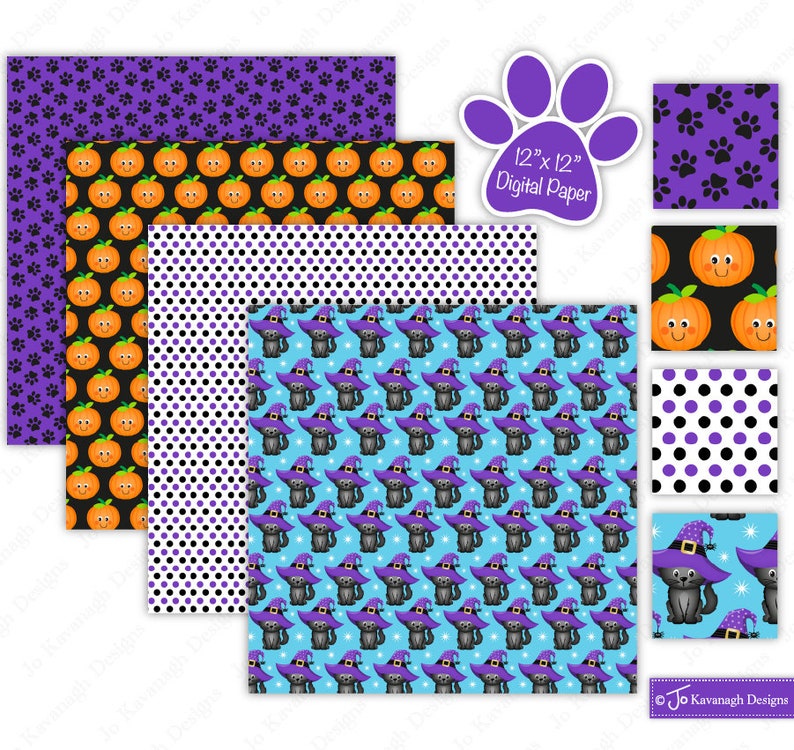 May include: A set of six 12x12 inch digital papers featuring Halloween themed patterns. The patterns include black cats wearing witch hats, pumpkins with happy faces, purple paw prints, and black and white polka dots.