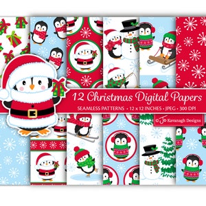 Papel digital con pingüinos navideños, patrones navideños, pingüinos adorables, papel para álbum de recortes navideño, uso comercial (P57)