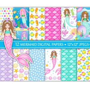 Papiers numériques sirène,paquet de papier sirène,papiers numériques sous la mer,papiers de scrapbooking sirène,étoile de mer,hippocampe,poisson,usage commercial (P17)