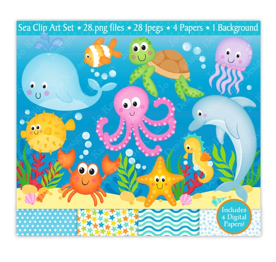 Sea Animals Clip Artunder The Sea Clipartunder The Sea Etsy