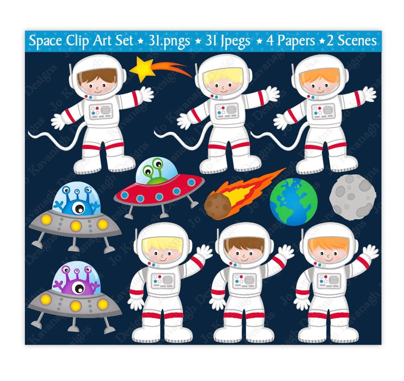 K&ouml;nnte beinhalten: Ein Set mit 31 Clipart-Bildern zum Thema Weltraum, darunter Astronauten, Raumschiffe, Planeten und Sterne. Die Bilder sind im Cartoon-Stil gehalten und eignen sich perfekt f&uuml;r den Einsatz in Lehrmaterialien, Bastelarbeiten oder zum Scrapbooking.