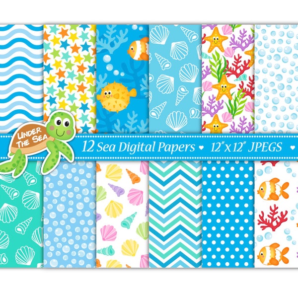 Sea Animals Digital Paper Set,Under The Sea Digital Paper Set,Ocean Digital Papers,Under The Sea Backgrounds,Scrapbook Paper,Commercial(P25)