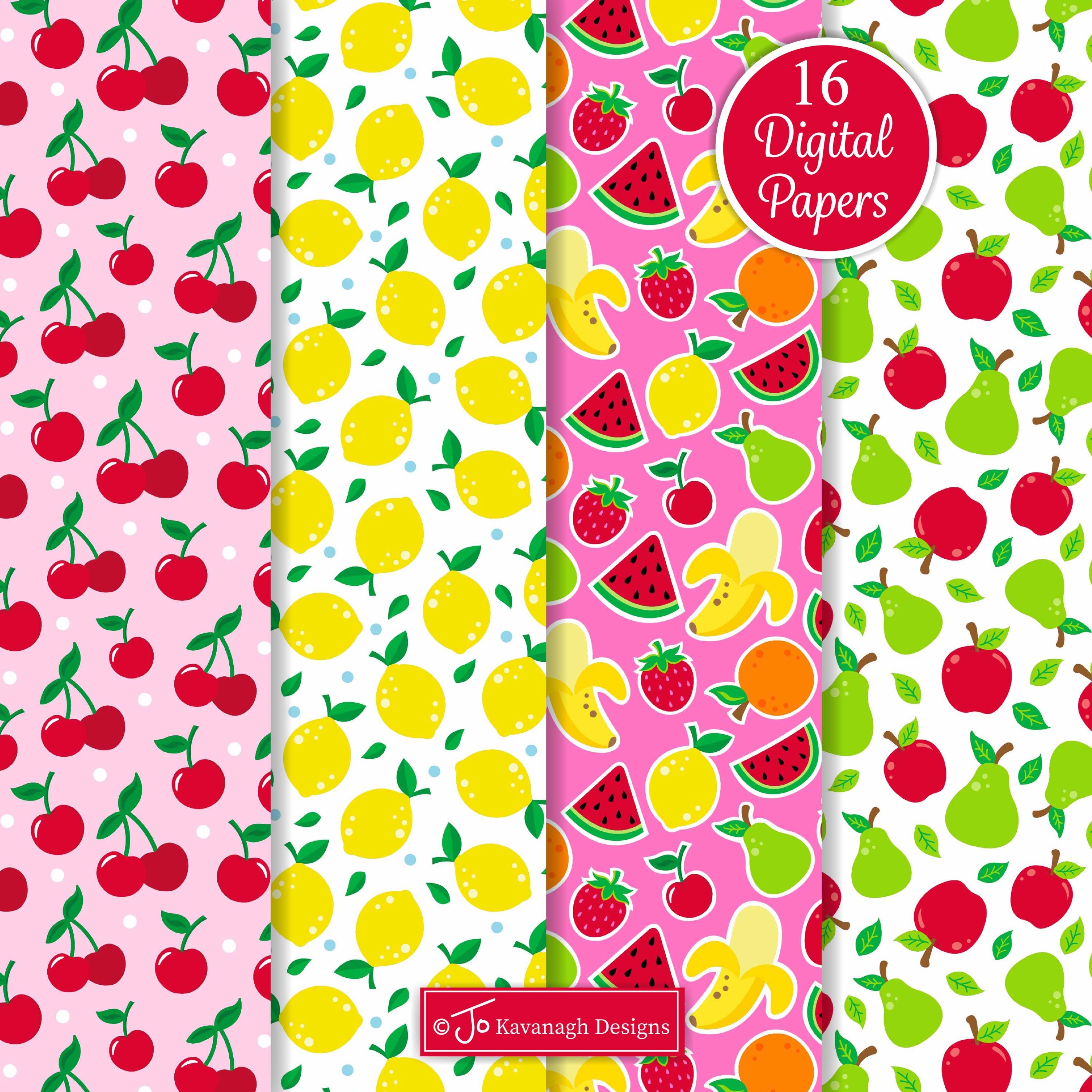 Fruit Digital Paper, Summer Fruit Seamless Patterns, Fruit Scrapbook ...
