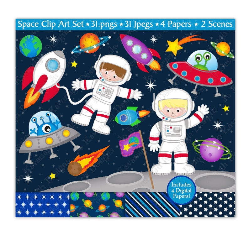 K&ouml;nnte beinhalten: Ein Clipart-Set zum Thema Weltraum mit zwei Astronauten, einem Raumschiff, einem UFO, Planeten und Sternen. Das Set enth&auml;lt 31 PNGs, 31 JPEGs und 4 digitale Papiere. Der Text "Space Clip Art Set * 31.pngs * 31 Jpegs * 4 Papers * 2 Scenes" befindet sich oben im Bild. Der Text "Includes 4 Digital Papers!" befindet sich unten im Bild.