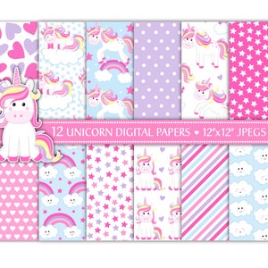 Unicorn Digital Paper Set, Unicorn Digital Scrapbook Papers, Unicorn Patterns, Rainbow Pattern, Floral Pattern, Hearts -P28