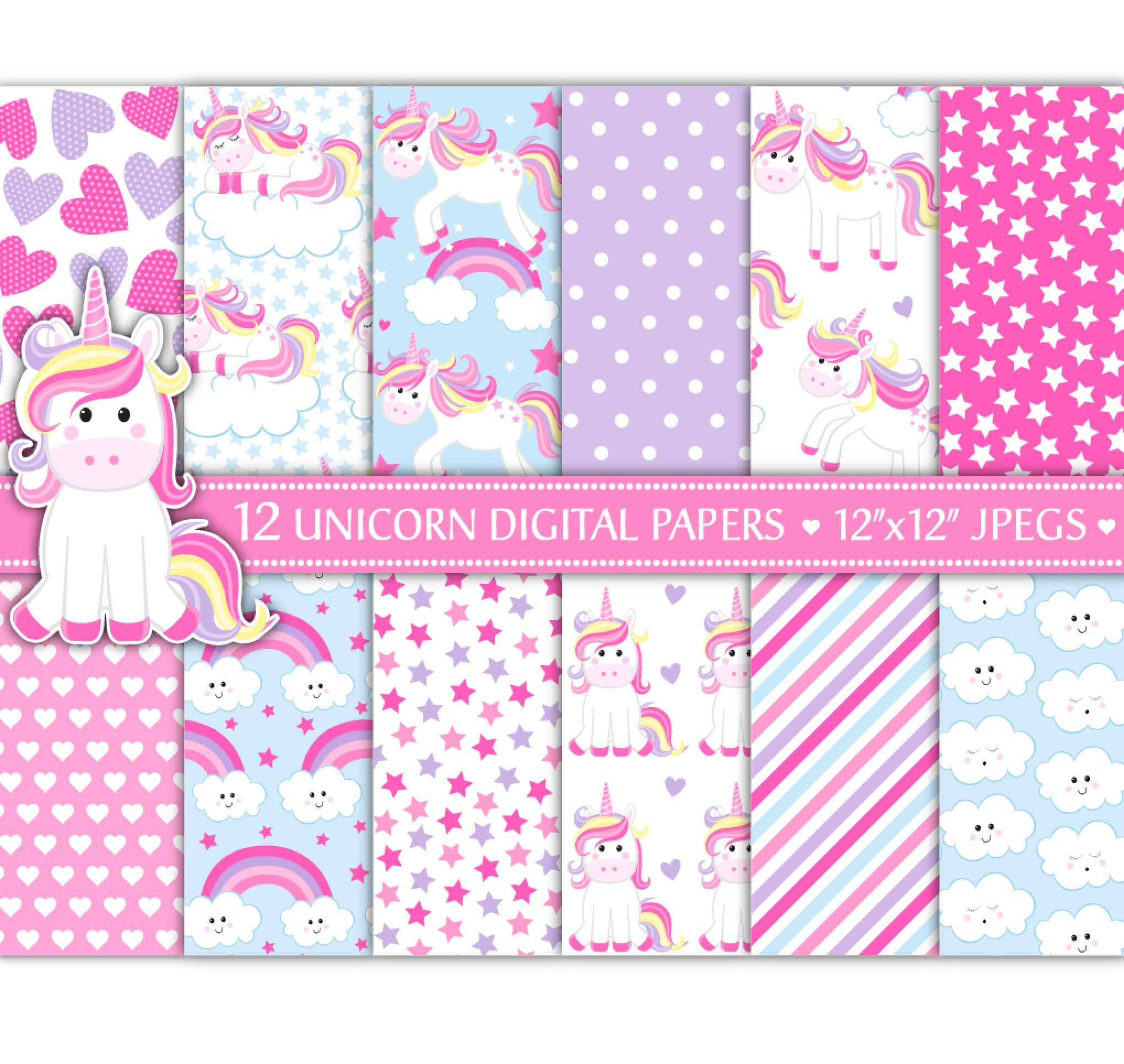 Unicorn Digital Paper Set: Rainbow, Floral, Hearts (12x12in, 300 dpi, Digital Download)