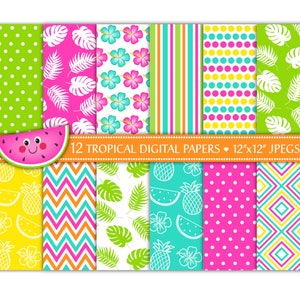 Papeles digitales tropicales, papeles digitales brillantes, papeles con flamencos, papeles digitales de verano, fondos tropicales, papeles para álbumes de recortes, comerciales (P23)
