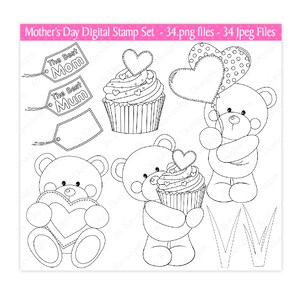 Puede incluir: Conjunto de sellos digitales en blanco y negro para el D&iacute;a de la Madre con una magdalena, dos osos de peluche y dos etiquetas de regalo con el texto "The Best Mom" y "The Best Mum".