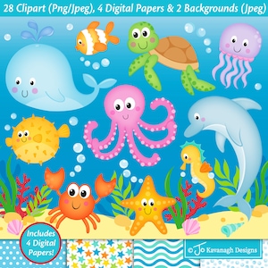 Zeedieren illustraties, onder de zee clipart, onder de zee digitale papers, zee illustraties, oceaan clipart, schattige zeedieren, commercieel gebruik (C23)