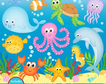 Sea Animals Clip Art,Under The Sea Clipart,Under The Sea Digital Papers,Sea Clip Art,Ocean Clipart,Cute Sea Animals,Commercial Use (C23)