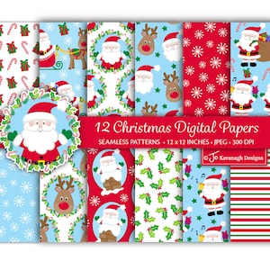 Papier numérique de Noël, Motifs de Noël, Papiers numériques Père Noël, Rudolph, Père Noël, Arrière-plans, Papier de scrapbooking, Usage commercial (P54)