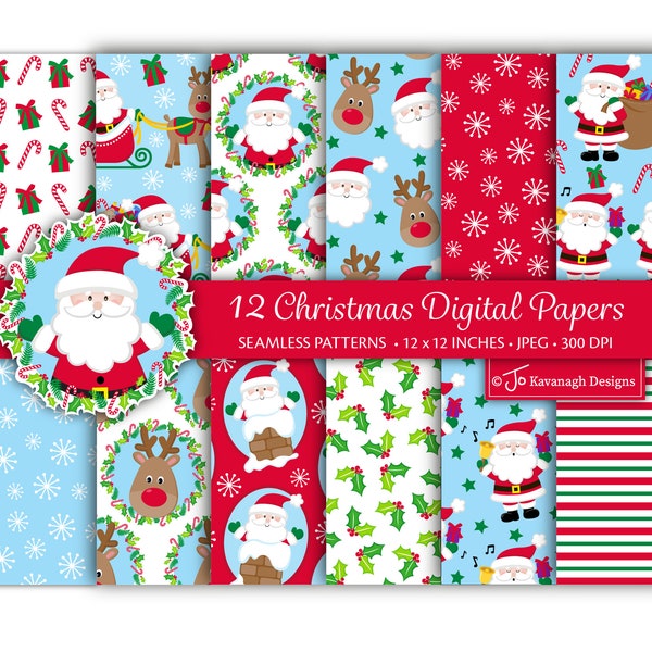 Christmas Digital Paper, Christmas Patterns, Santa Digital Papers, Rudolph, Santa, Backgrounds, Scrapbook Paper, Commercial Use (P54)