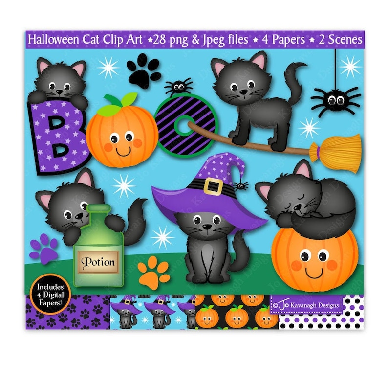May include: Halloween clip art set featuring black cats, pumpkins, and a witch's hat. The set includes 28 PNG and JPEG files, 4 digital papers, and 2 scenes. The text "BOO!" is featured in the image.