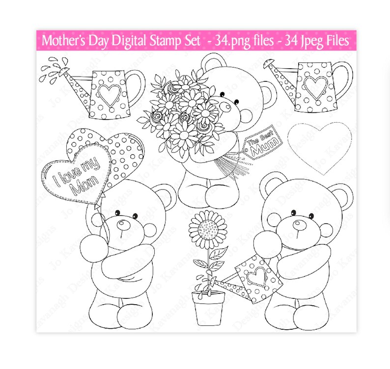 Puede incluir: Un conjunto de sellos digitales en blanco y negro con osos de peluche, flores, corazones y regaderas. Los sellos incluyen el texto "I love my Mom" y "The Best Mum".