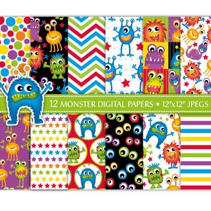 Monster Digitales Papier, Alien Digital Papier, Niedliche Monster Muster, Lustige Papiere, Monster Party, Hintergründe, Scrapbook Papiere, Kommerzielle Nutzung (P18)