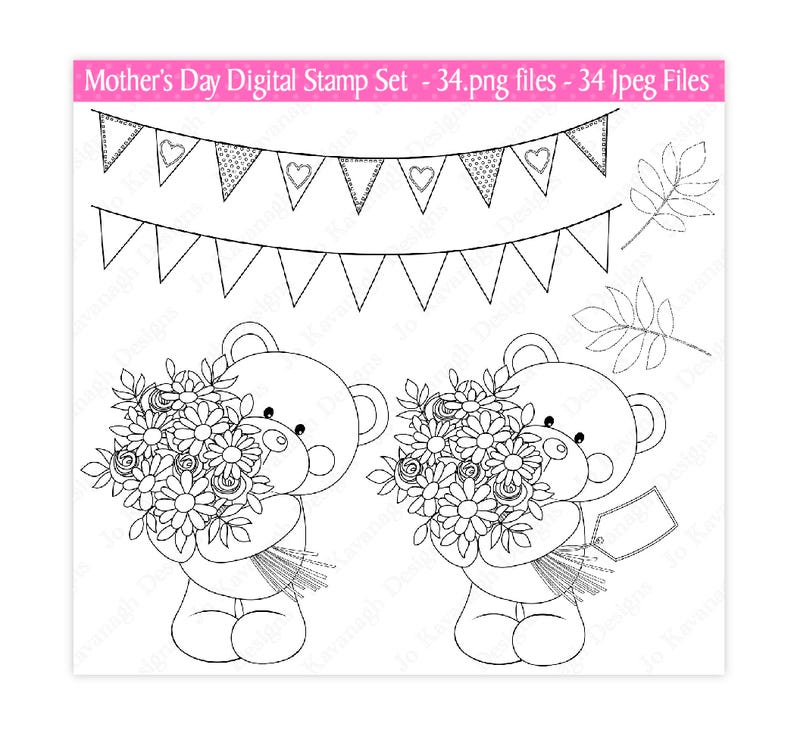 Puede incluir: Conjunto de sellos digitales en blanco y negro con dos osos de peluche que sostienen ramos de flores. El conjunto tambi&eacute;n incluye una pancarta con corazones y una rama frondosa.