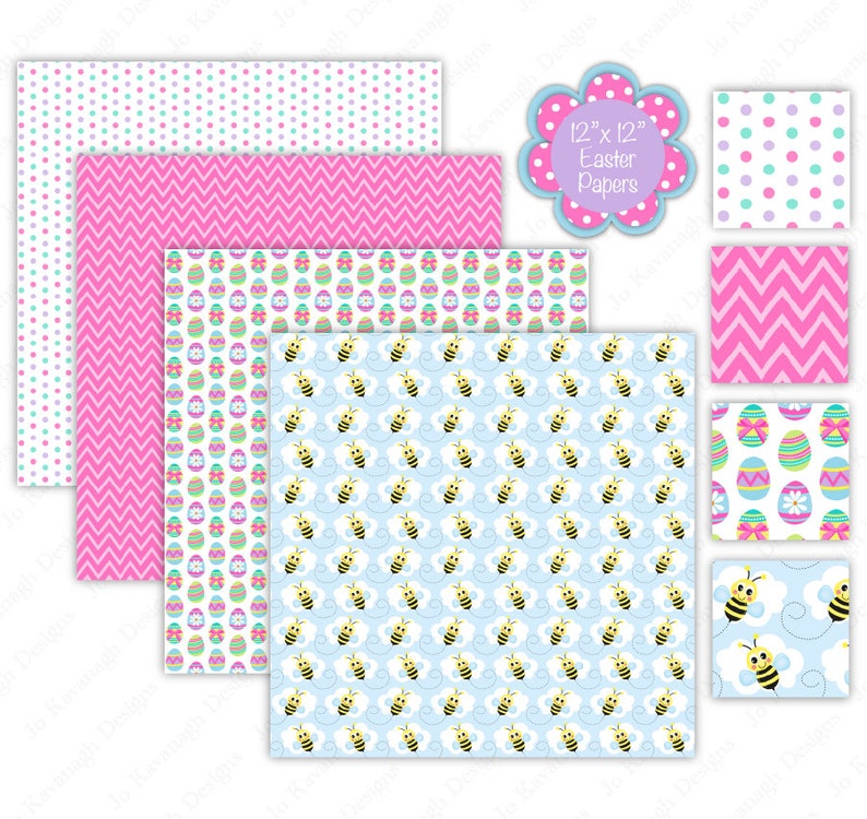 May include: A set of six 12x12 inch digital paper designs featuring Easter themes. The designs include pink and white polka dots, pink and white chevron, pastel Easter eggs, bees, and a blue background with white clouds.
