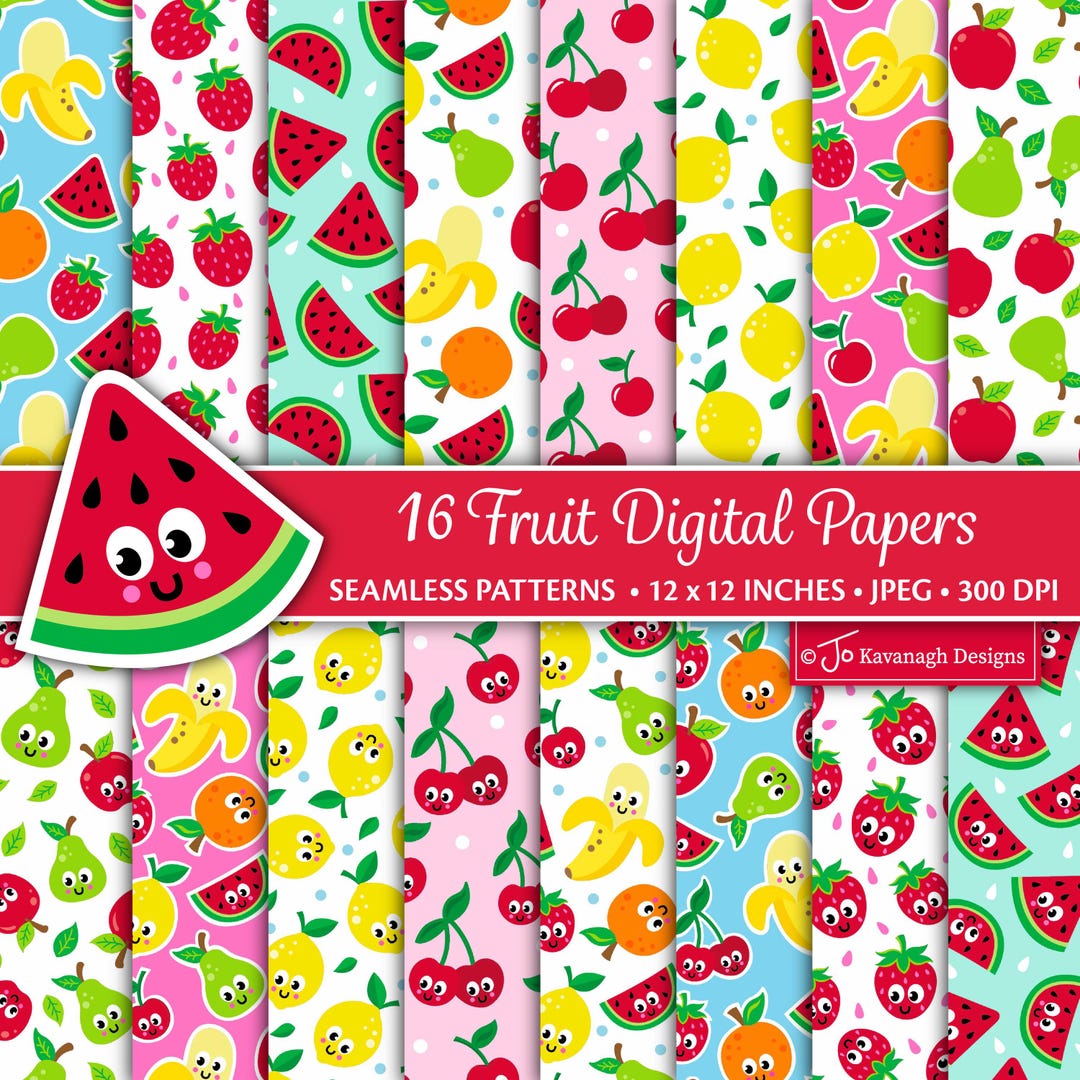 Fruit Digital Paper, Summer Fruit Seamless Patterns, Fruit Scrapbook ...