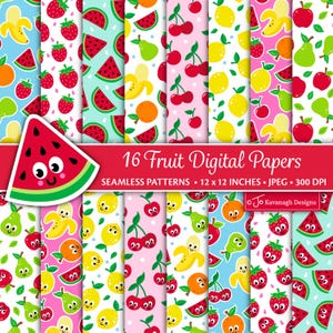 Fruit Digital Paper, Summer Fruit Seamless Patterns, Fruit Scrapbook Papers, Cherry Patterns, Strawberry Patterns, Commercial Use (P64)