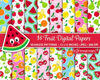 Fruit Digital Paper, Summer Fruit Seamless Patterns, Fruit Scrapbook Papers, Cherry Patterns, Strawberry Patterns, Commercial Use (P64)