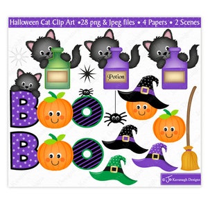 May include: Halloween clip art set featuring black cats, pumpkins, witches hats, and a broom. The set includes the words "BOO" in purple with white stars and black stripes. There are also two bottles, one labeled "Potion".
