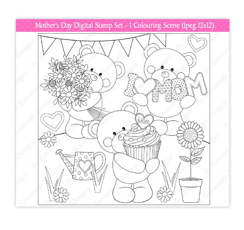 Puede incluir: P&aacute;gina para colorear en blanco y negro con tres osos de peluche. Un oso sostiene un ramo de flores, otro sostiene un cartel que dice "Te amo mam&aacute;", y el tercero sostiene una magdalena con un coraz&oacute;n que dice "Mam&aacute;".