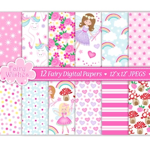 Papier numérique féerique, paquet de papier féerique, papiers numériques, papier licorne, clipart fée, papiers de scrapbooking fée, papier floral, usage commercial (P10)