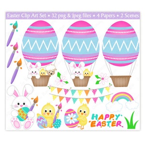 May include: Easter clip art set with 32 images in PNG and JPEG format. The set includes images of Easter eggs, bunnies, chicks, flowers, a rainbow, and a banner that says "Happy Easter".