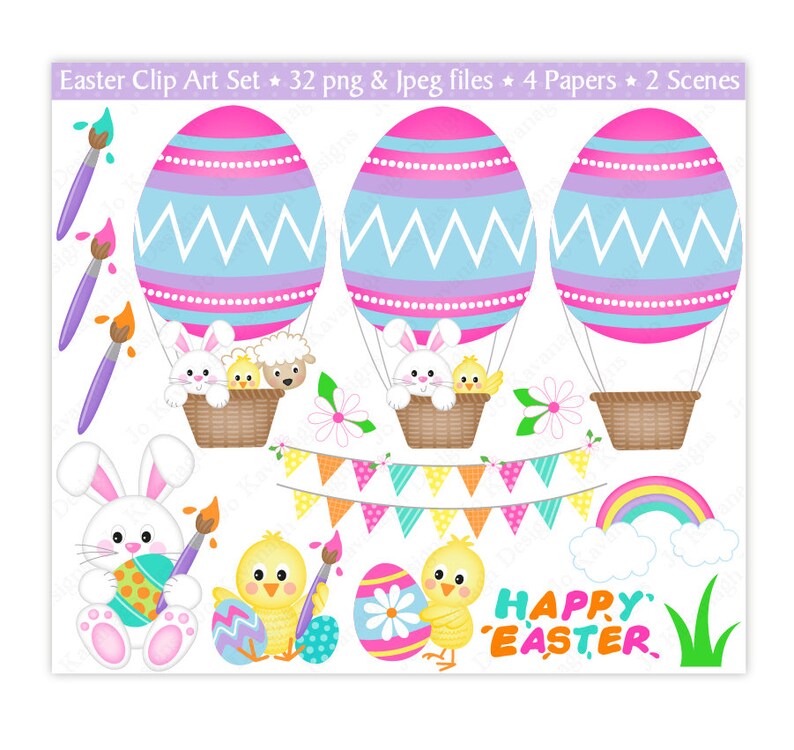 May include: Easter clip art set with 32 images in PNG and JPEG format. The set includes images of Easter eggs, bunnies, chicks, flowers, a rainbow, and a banner that says "Happy Easter".