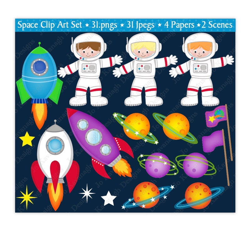 K&ouml;nnte beinhalten: Ein Set mit 31 Clipart-Bildern zum Thema Weltraum, darunter Astronauten, Raketen, Planeten und Sterne. Die Bilder sind im Cartoon-Stil gehalten und eignen sich perfekt f&uuml;r den Einsatz in Lehrmaterialien, Bastelarbeiten oder zum Scrapbooking.
