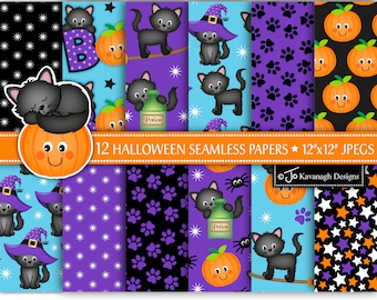 Cute Halloween Digital Papers, Black Halloween Cat Seamless Patterns, Halloween scrapbook papers, Pumpkin Digital Paper
