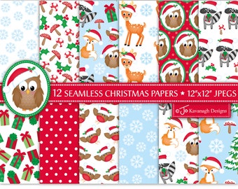 Christmas Digital Papers,Christmas Scrapbook Papers,Reindeer Papers,Holiday Papers,Christmas Patterns,Fox,Owl,Robin,Commercial Use (P32)