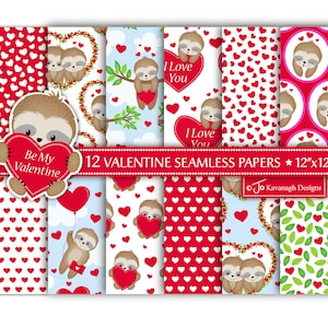 Valentine Digital Papers, Valentine Papers, Valentine Patterns, Sloth Digital Paper, Valentine Backgrounds,Scrapbook Paper,Commercial (P47)