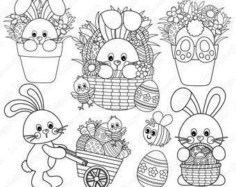Könnte beinhalten: Ein Set mit 22 Schwarzweiß-Stempeln mit Osterhasen, Küken, Eiern und Körben. Die Stempel eignen sich perfekt zum Erstellen von Karten, Einladungen und anderen Bastelarbeiten.