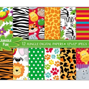 Papel digital de animales de la jungla, papeles de la jungla, paquete de papel digital de la jungla, animales del zoológico, patrones de la jungla, safari, papeles para álbumes de recortes, uso comercial (P15)