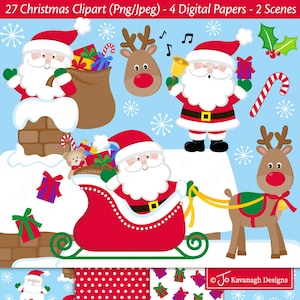 Natal clipart, Santa clipart, Santa clipart, Rudolph clipart, Rena clipart, Santa sleigh clipart, Floco de neve, Uso comercial, C53